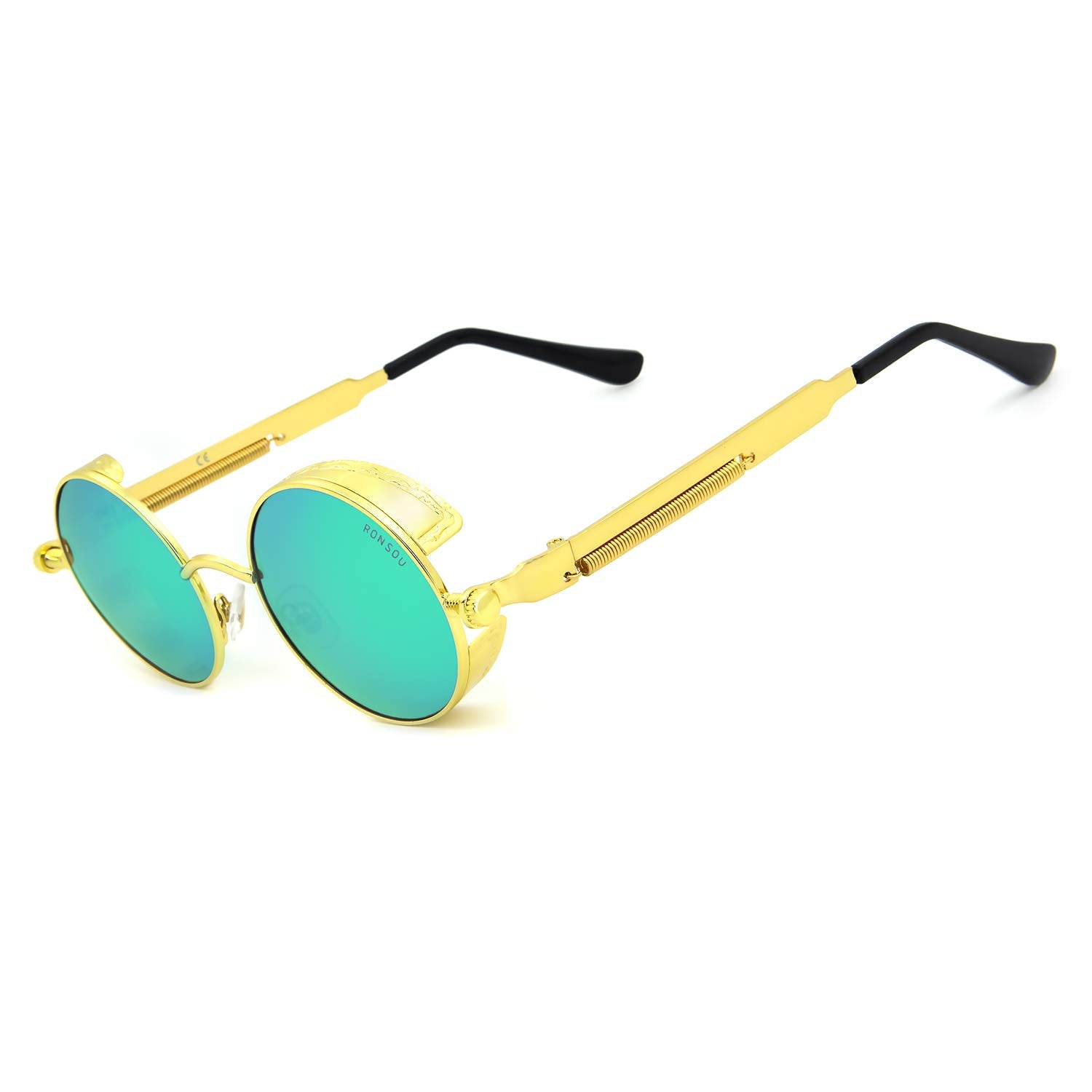 RONSOU Steampunk Style Round Vintage Polarized Sunglasses Retro Eyewear UV400 Protection Matel Frame Golden Frame Green Lens