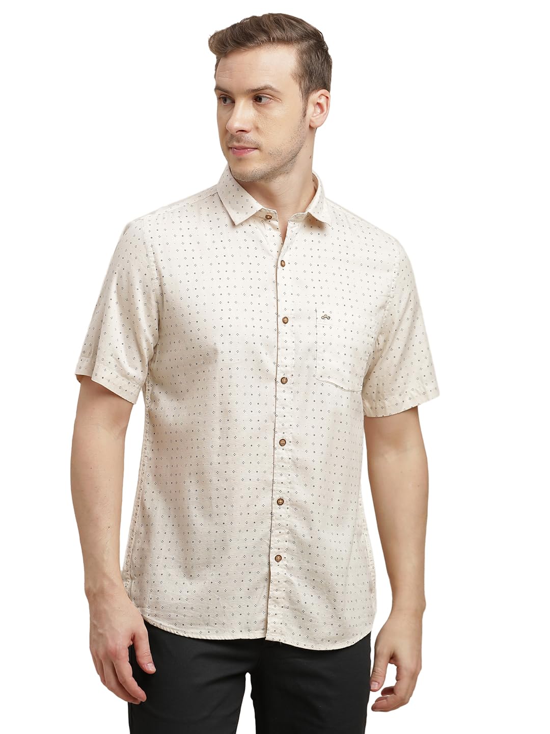 Turtle Men 100% Cotton Slim Fit Beige Printed Half Sleeve Casual Shirt