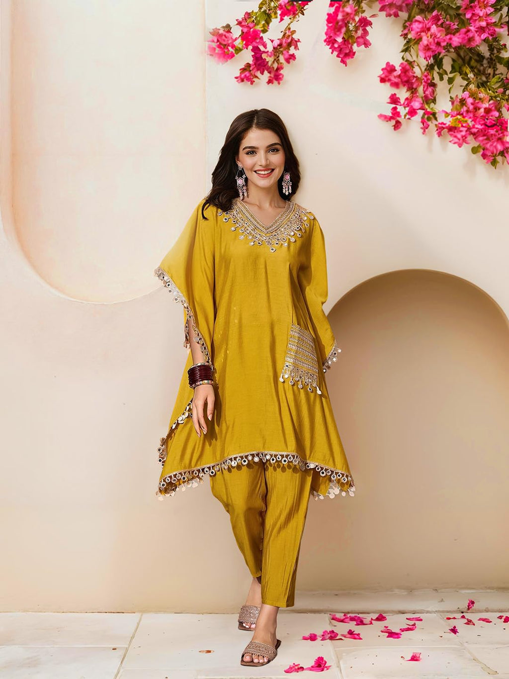 Ishin Women Mustard Embellished Zari Work Kaftan With Solid Pants