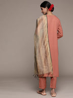 Anubhutee Women'S Viscose Rayon Rust Ethnic Motifs Self Design Straight Kurta Suit Set With Pants And Dupatta