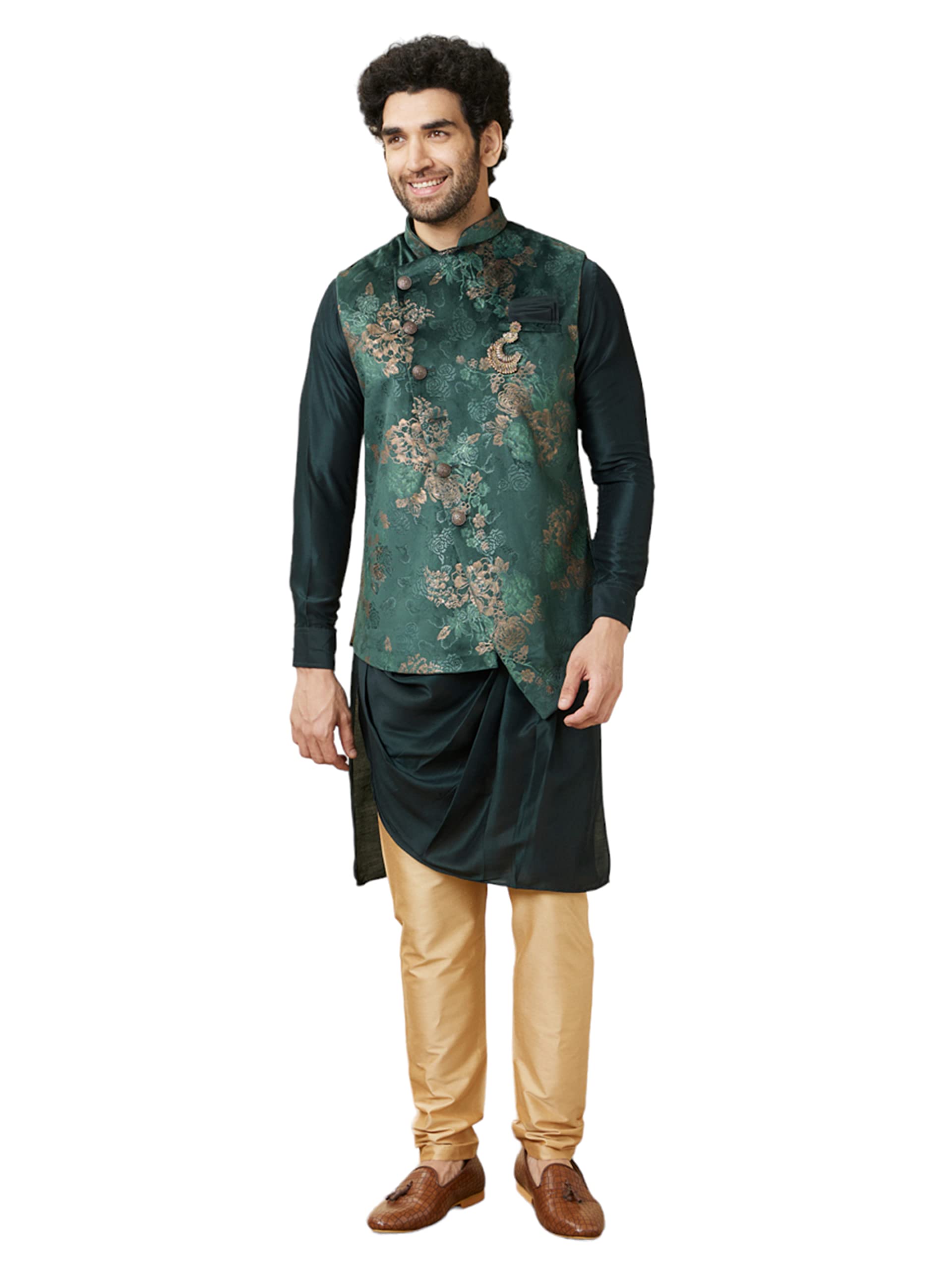 Manyavar Mens Art Silk Self Design Full Sleeves Mandarin Collar Traditional Jacket Set (Green,XXL)
