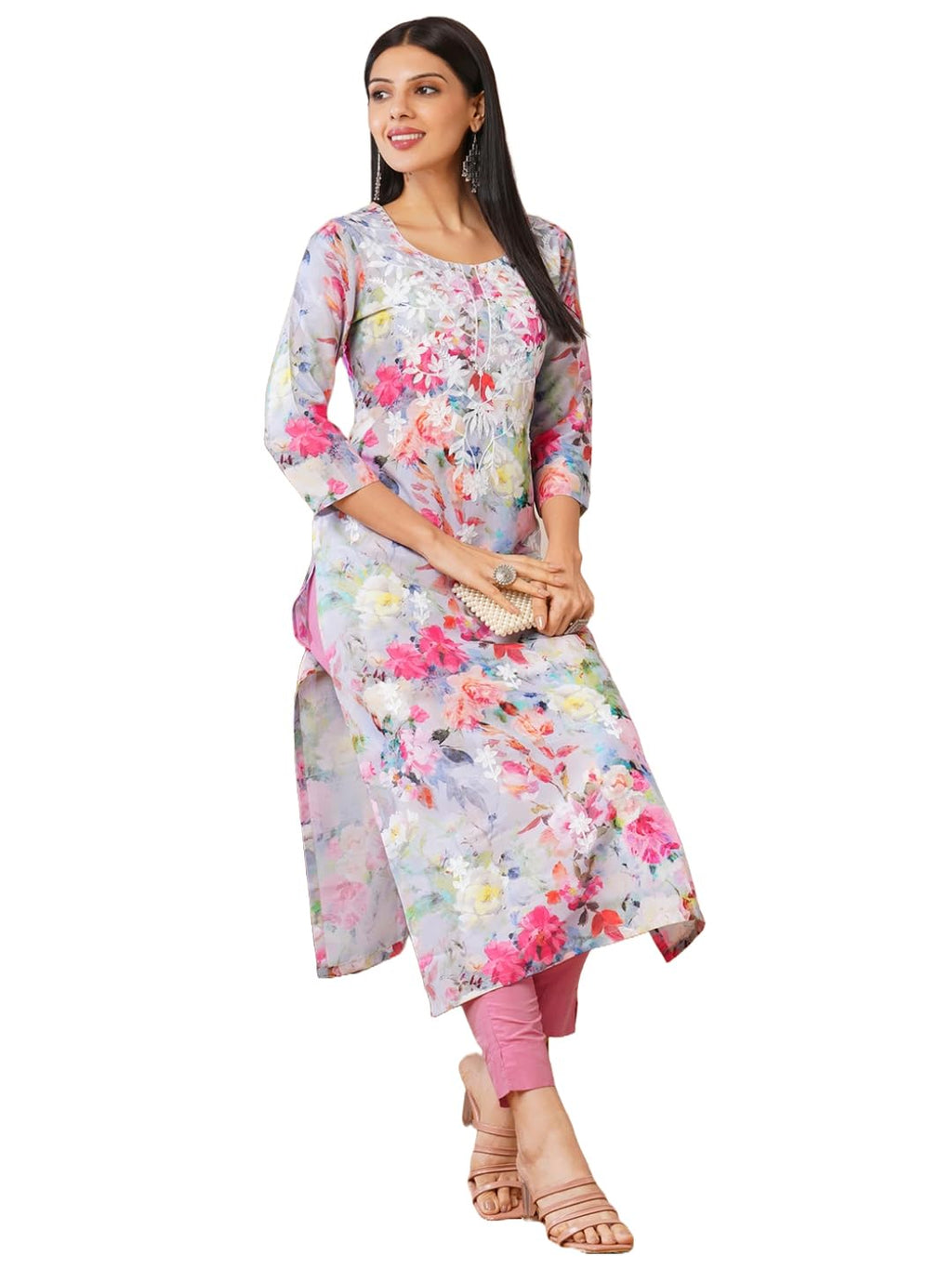 ANNI DESIGNER Women's Cotton Blend Straight Printed Kurta (Raagavi Grey-VKS01_M_Grey_Medium)