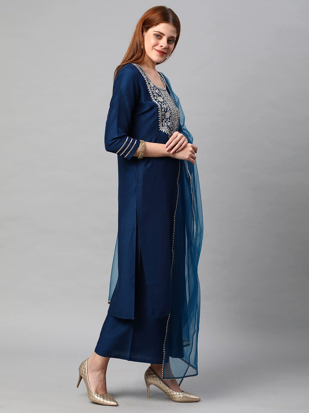 ANNI DESIGNER Womens Cotton Blend Solid Straight Kurta with Palazzos & Dupatta (DHARAN-Cerosin_M_Dark Blue_Medium)