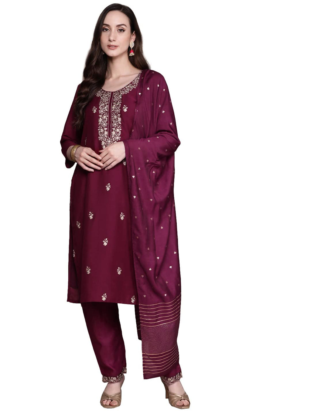 Ishin Women'S Silk Blend Magenta Embroidered Straight Kurta Suit Set With Trousers & Dupatta