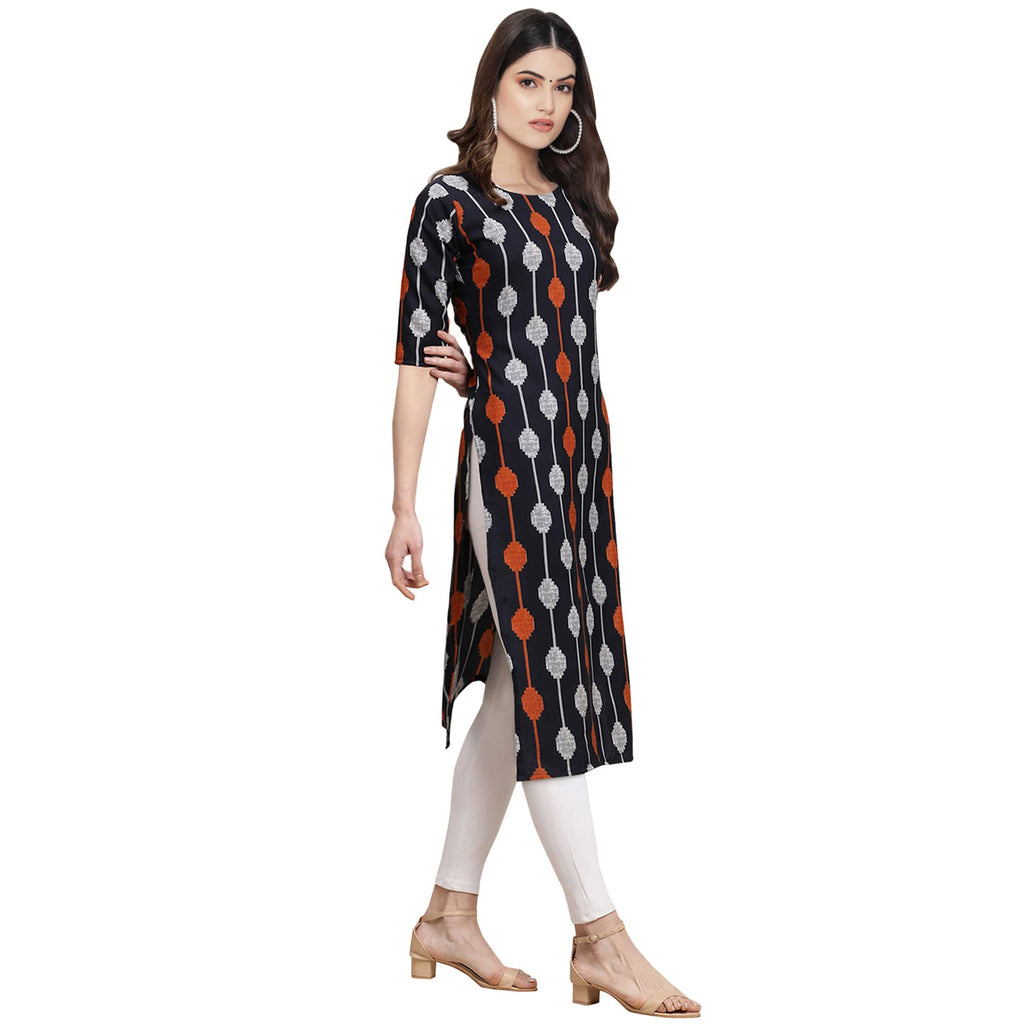 Pinkmint Womens Crepe Black Color Ethnic Motif Printed Straight Kurti