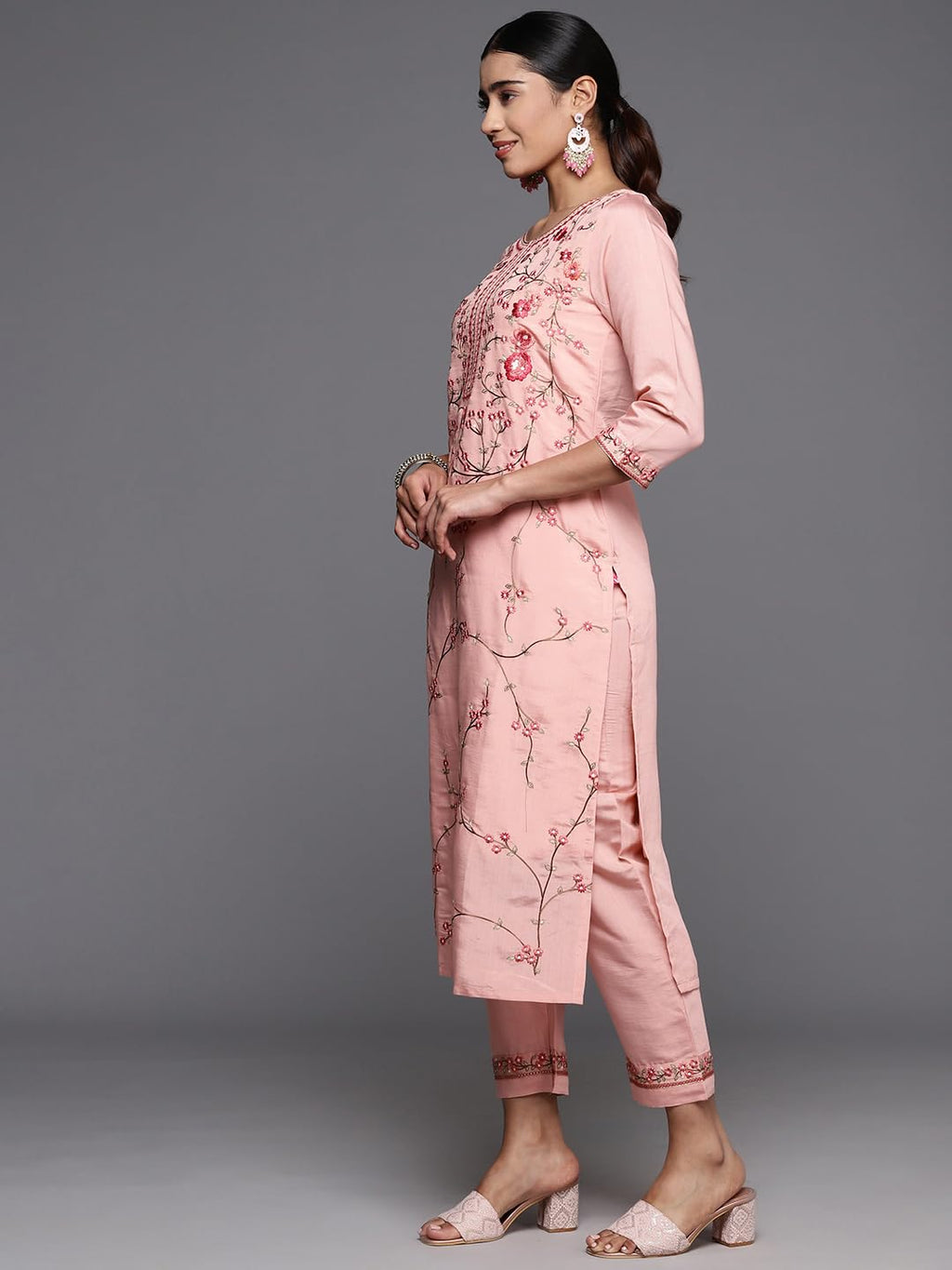 Varanga Women Peach Embroidered Kurta Paired With Tonal Bottom And Organza Embroidered Dupatta