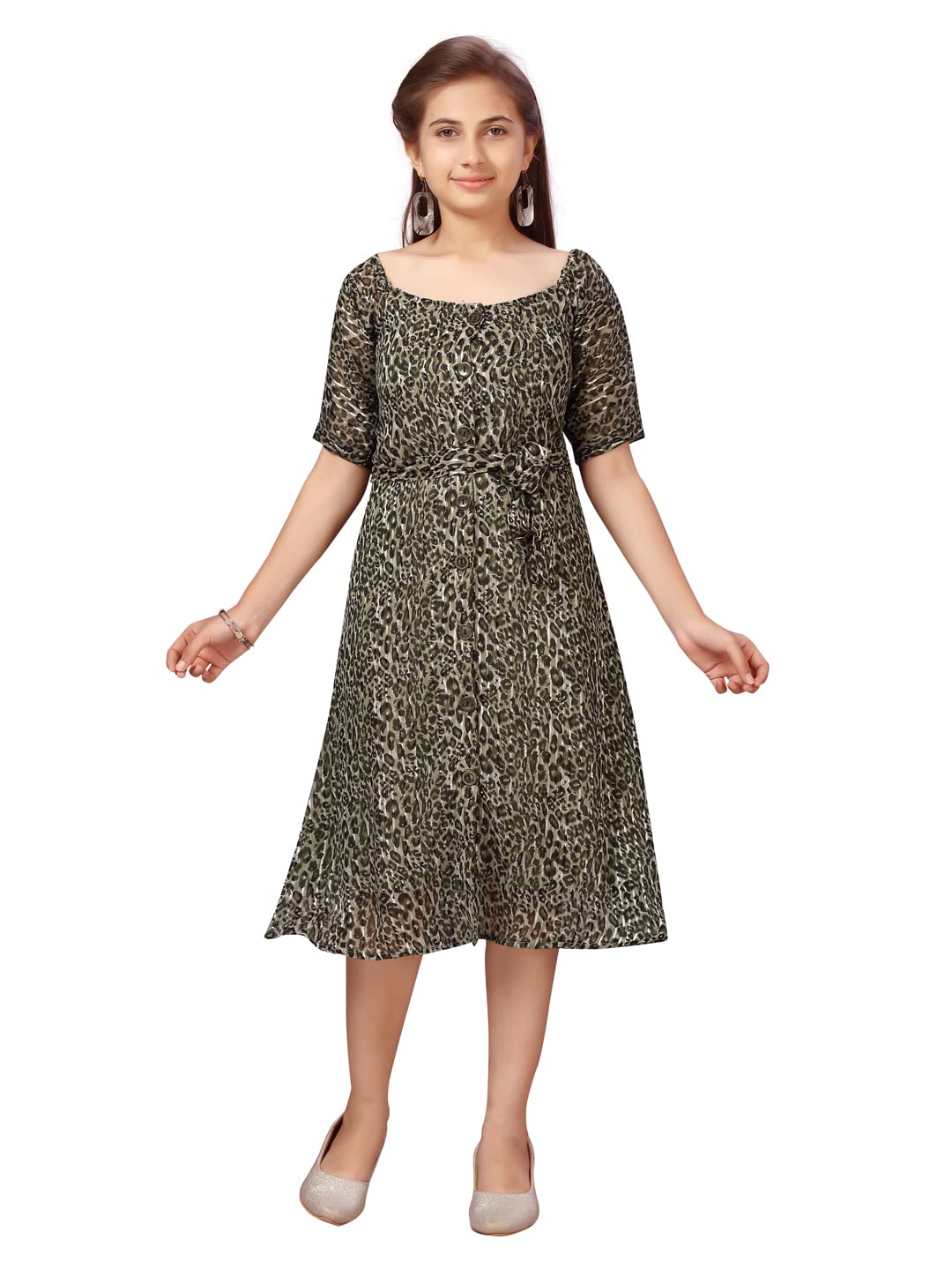 Aarika Girls Cotton Fit and Flare Below The Knee Dress (MD-A-22525_Green_36)