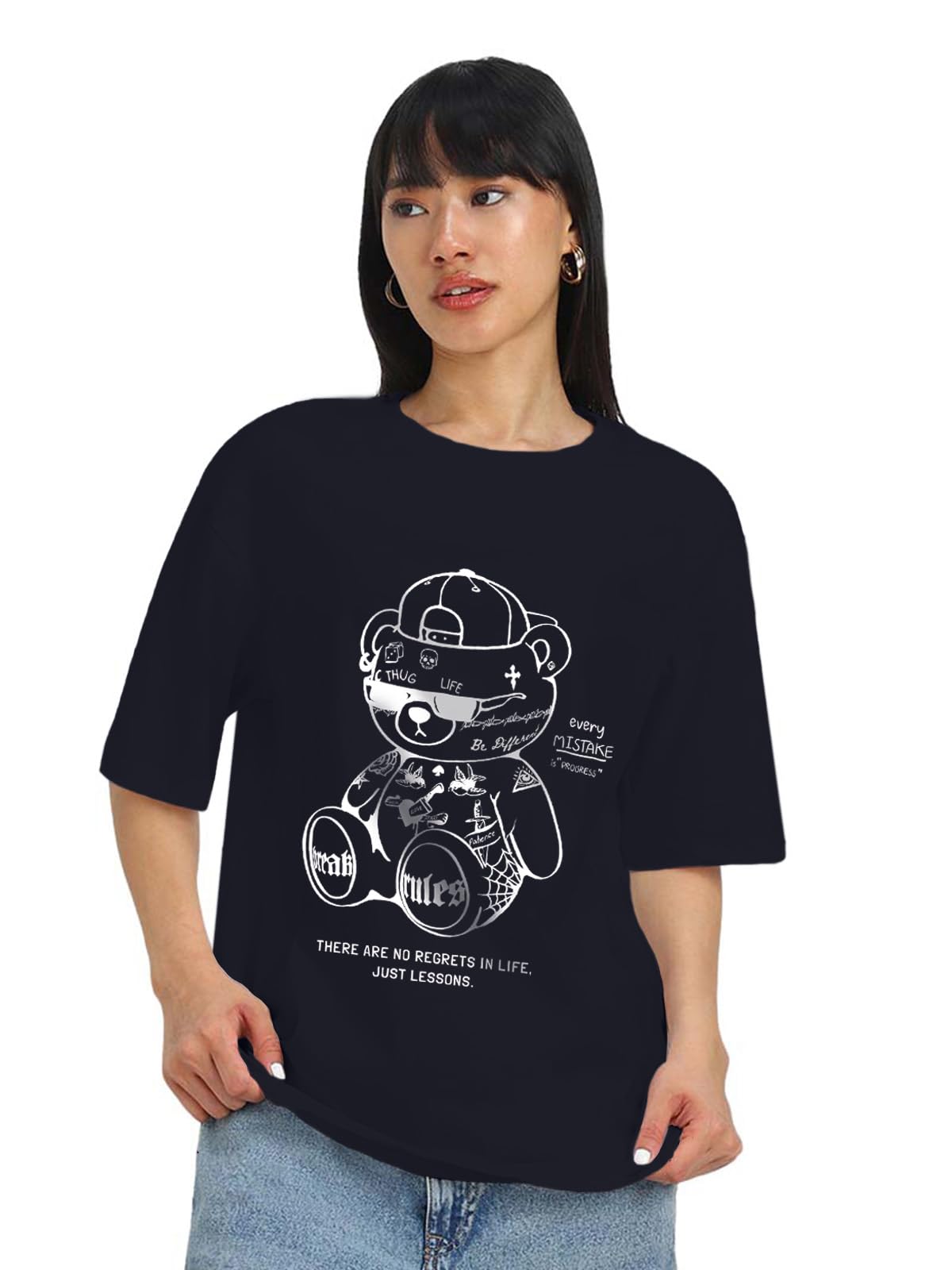 Juneberry 100% Pure Cotton Oversized Loose Baggy Fit Drop Shoulder Half Sleeve Round Neck Cool Front Teddy Printed Cork & White 