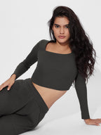 The Souled Store Solids: Charcoal Women and Girls Square Neck Regular Fit Polyester Blend Full Sleeves Tops