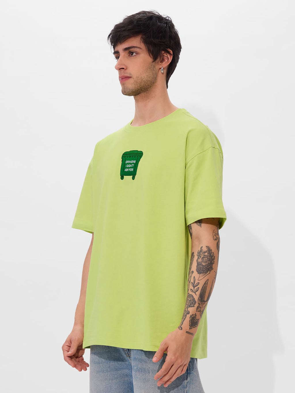 The Souled Store Trash Opinion Men and Boys Short Sleeves Round Neck Green Embroidered Cotton Oversized T-Shirts