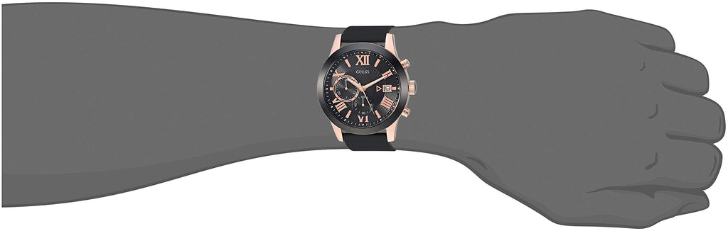 GUESS Comfortable Black + Rose Gold-Tone Stain Resistant Silicone Chronograph Watch with Date. Color:Black/Rose Gold-Tone (Model