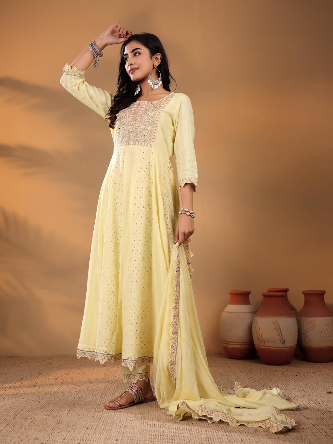 Varanga Women Schiffli Thread Work Embroidered Anarkali Kurta With Solid Bottom & Dupatta ??Intricate Design, Comfortable Cotton Fabric, Stylish And Coordinated Look For Various Occasions