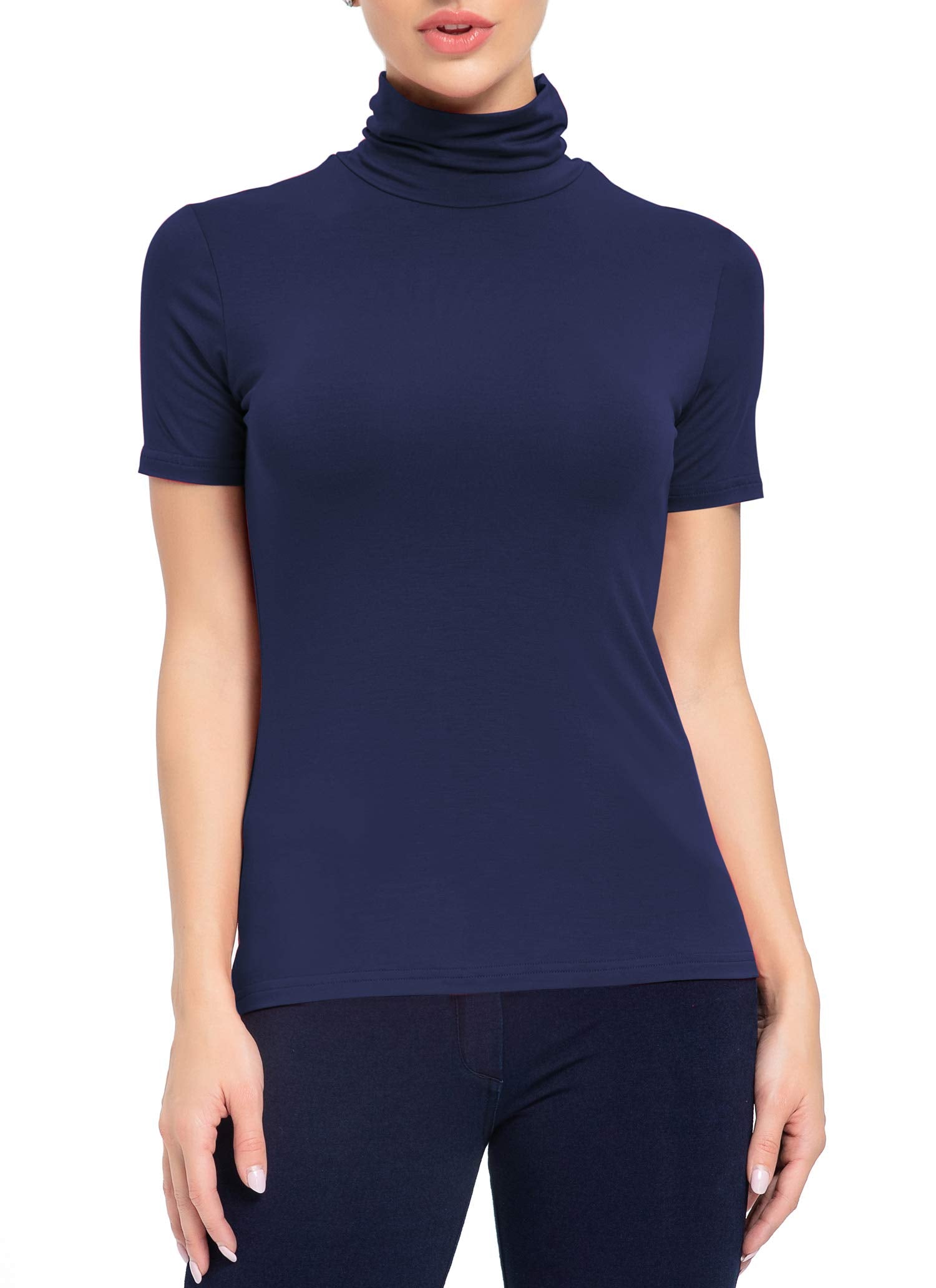 AUHEGN Women's Mock Turtleneck Top Short Sleeve Lightweight Active T-Shirt (S-XXL) (Medium, Navy Blue)