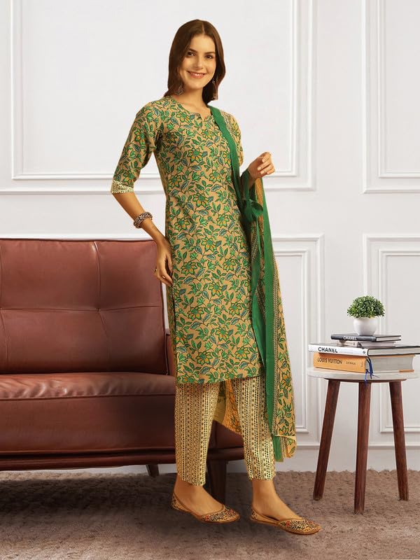 Pinkmint Salwar Suit Set For Women Cotton Leaf Printed Long Knee Length Straight Kurta Set (Pack Of 1)