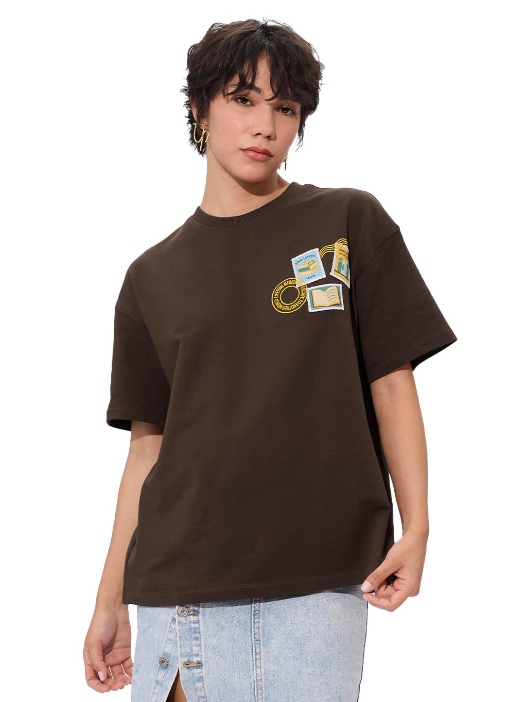 The Souled Store Book Lover Women and Girls Short Sleeve Round Neck Black Graphic Printed Cotton Oversized T-Shirts