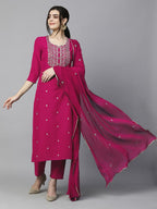ANNI DESIGNER Ladies Cotton Blend Dupatta Kurta Trousers, pink, 3XL