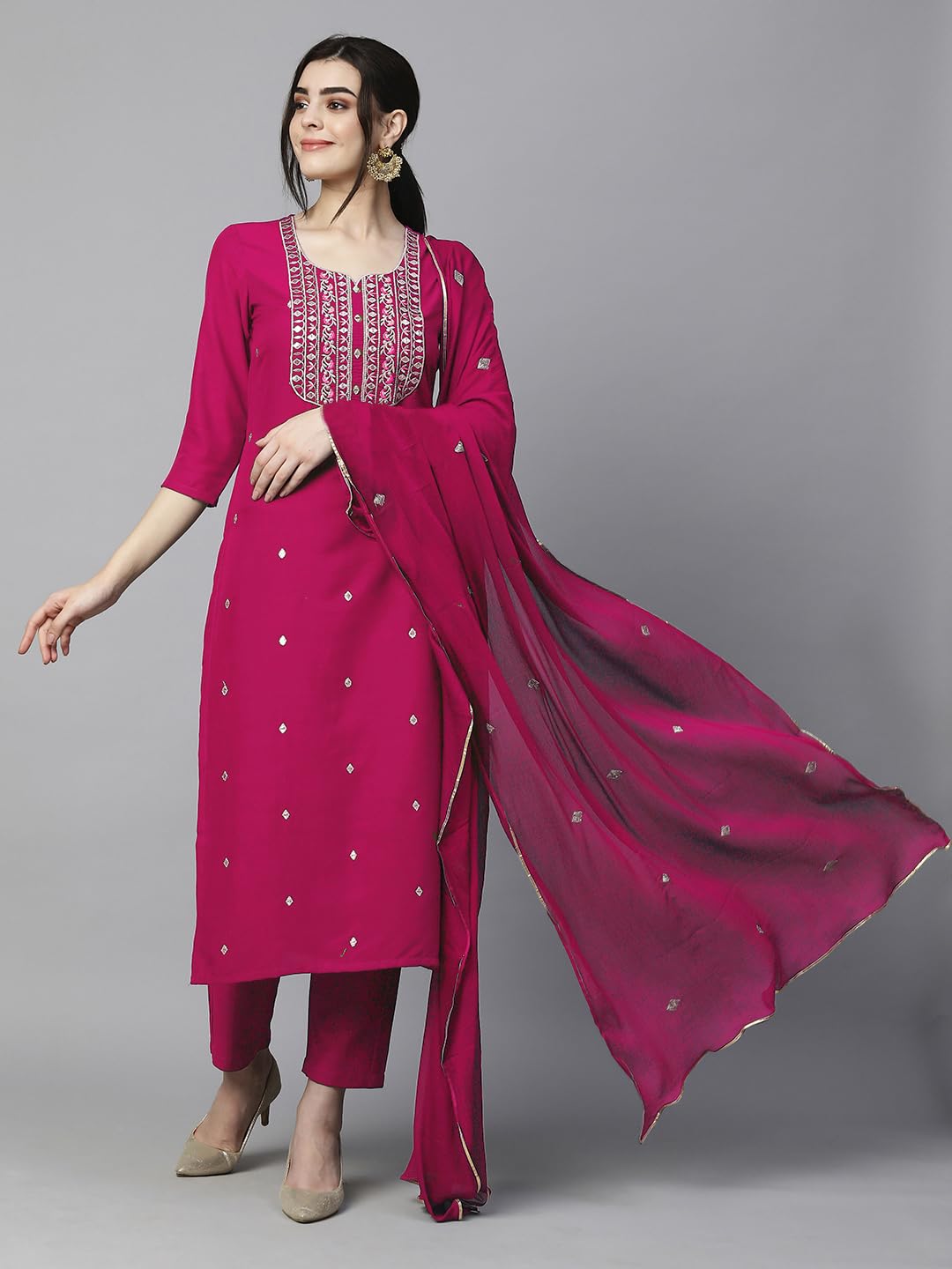 ANNI DESIGNER Ladies Cotton Blend Dupatta Kurta Trousers, pink, 3XL