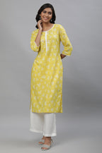 Aurelia Yellow Floral Printed Printed Lace Cotton Straight Long Kurta For Women