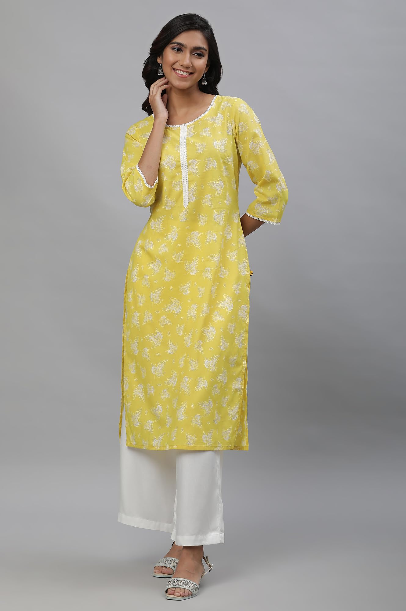 Aurelia Yellow Floral Printed Printed Lace Cotton Straight Long Kurta For Women