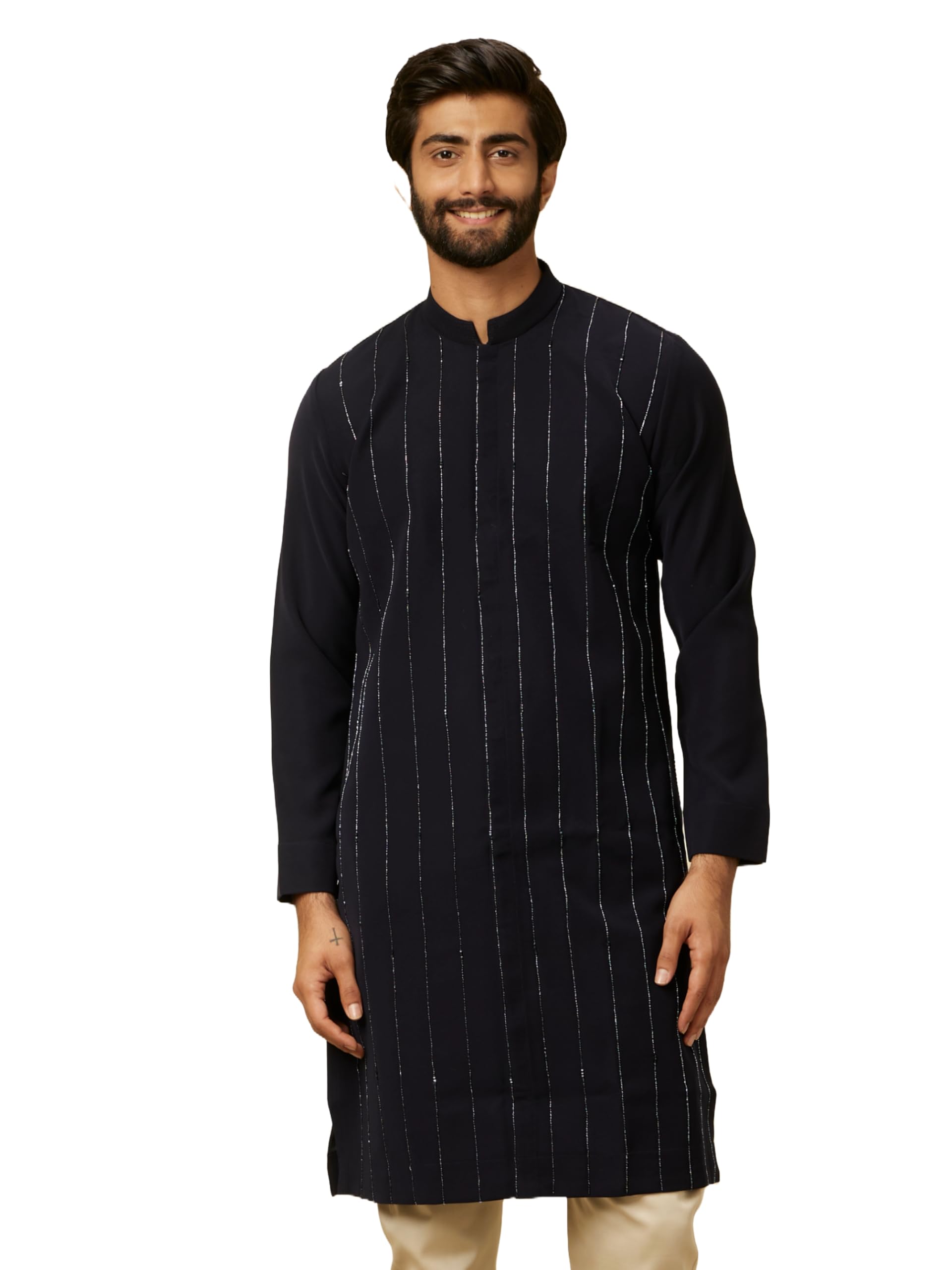 Manyavar Blue Blended Rayon Hand Embroidery Kurtas