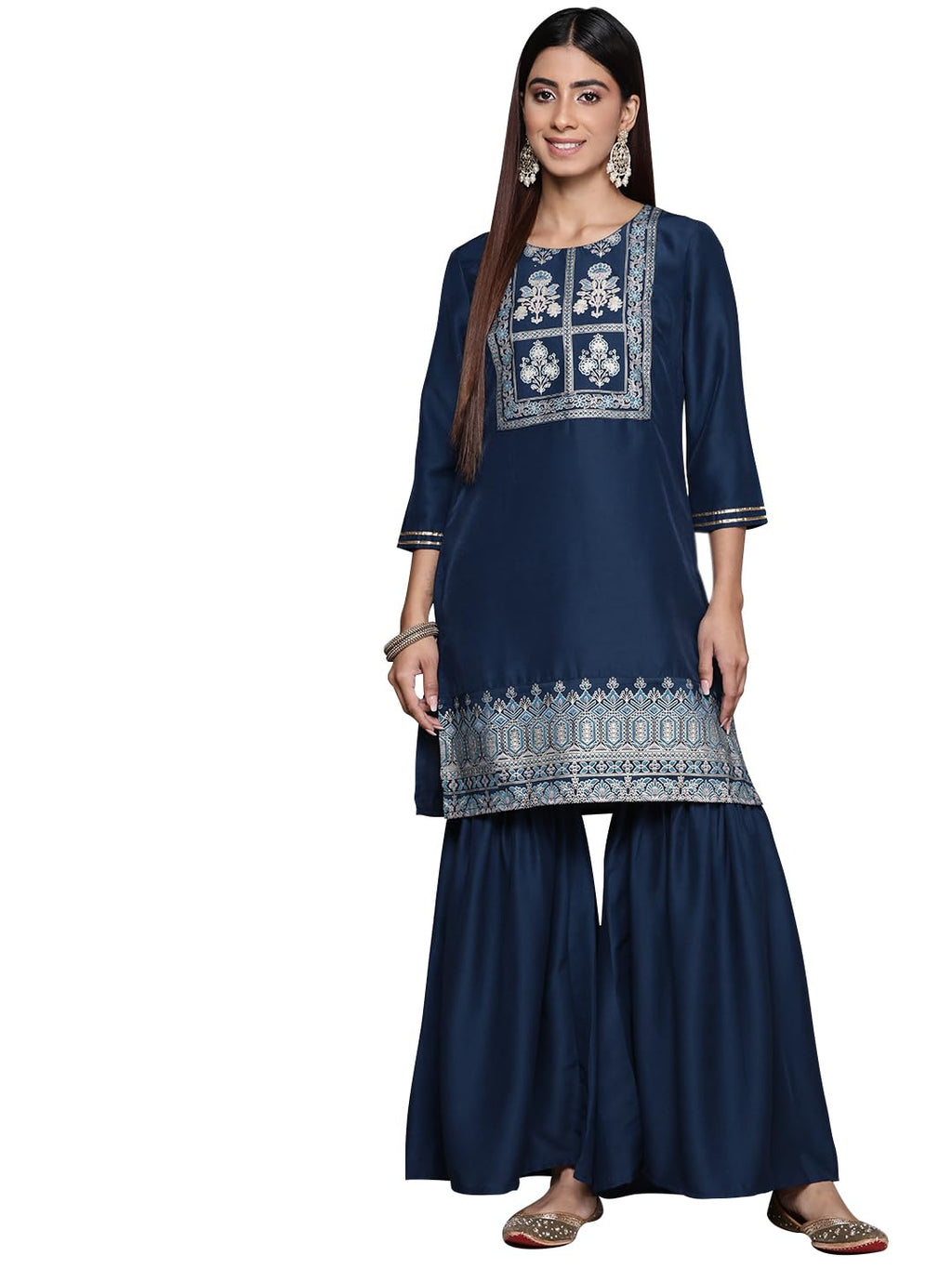 Ziyaa Art Silk Women'S Navy Blue Chinon Straight Kurta And Sharara Set (Zikuch4102Andsh-Xl_Dark
