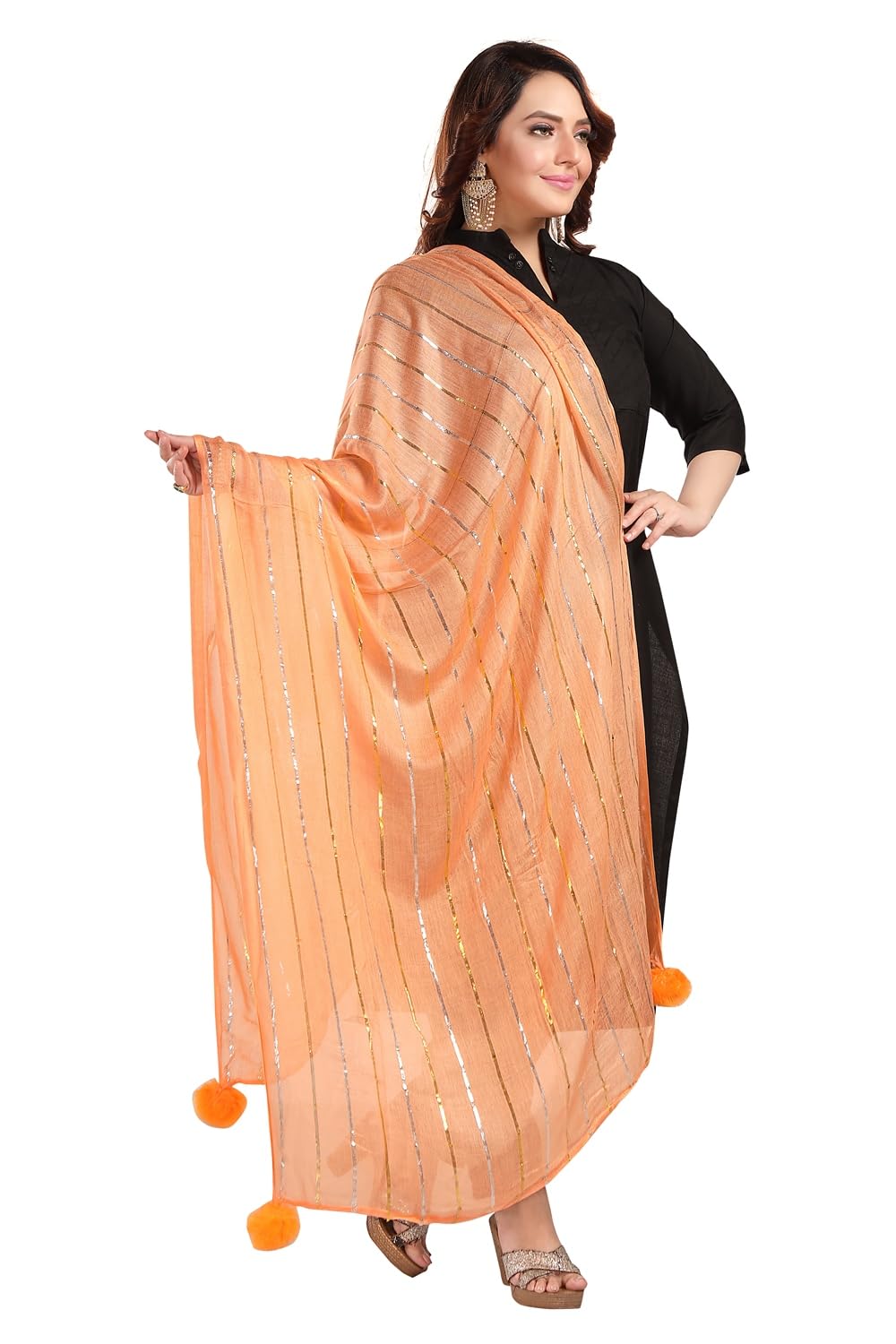 Fabme Shimmer Embellished Soft Cotton Dupatta - Orange