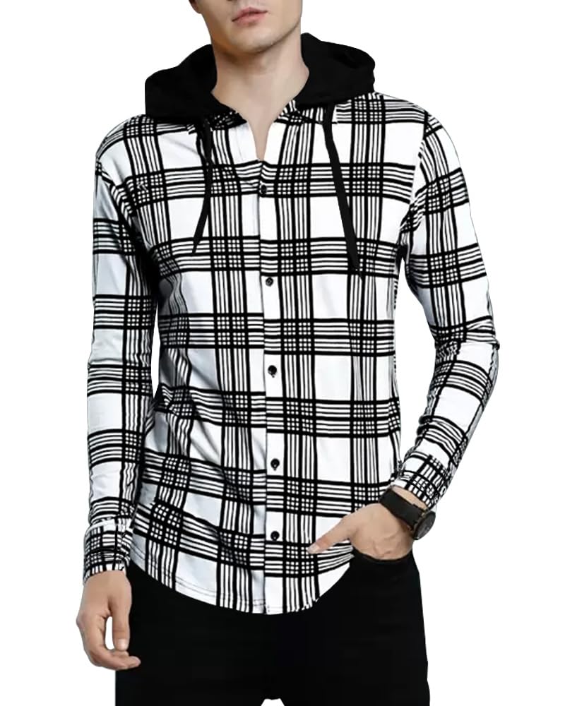 Noble Monk Mens Hooded Neck Full Sleeve Shirt | Regular Fit | Checkered Pattern | Casual Shirt For Men White Black