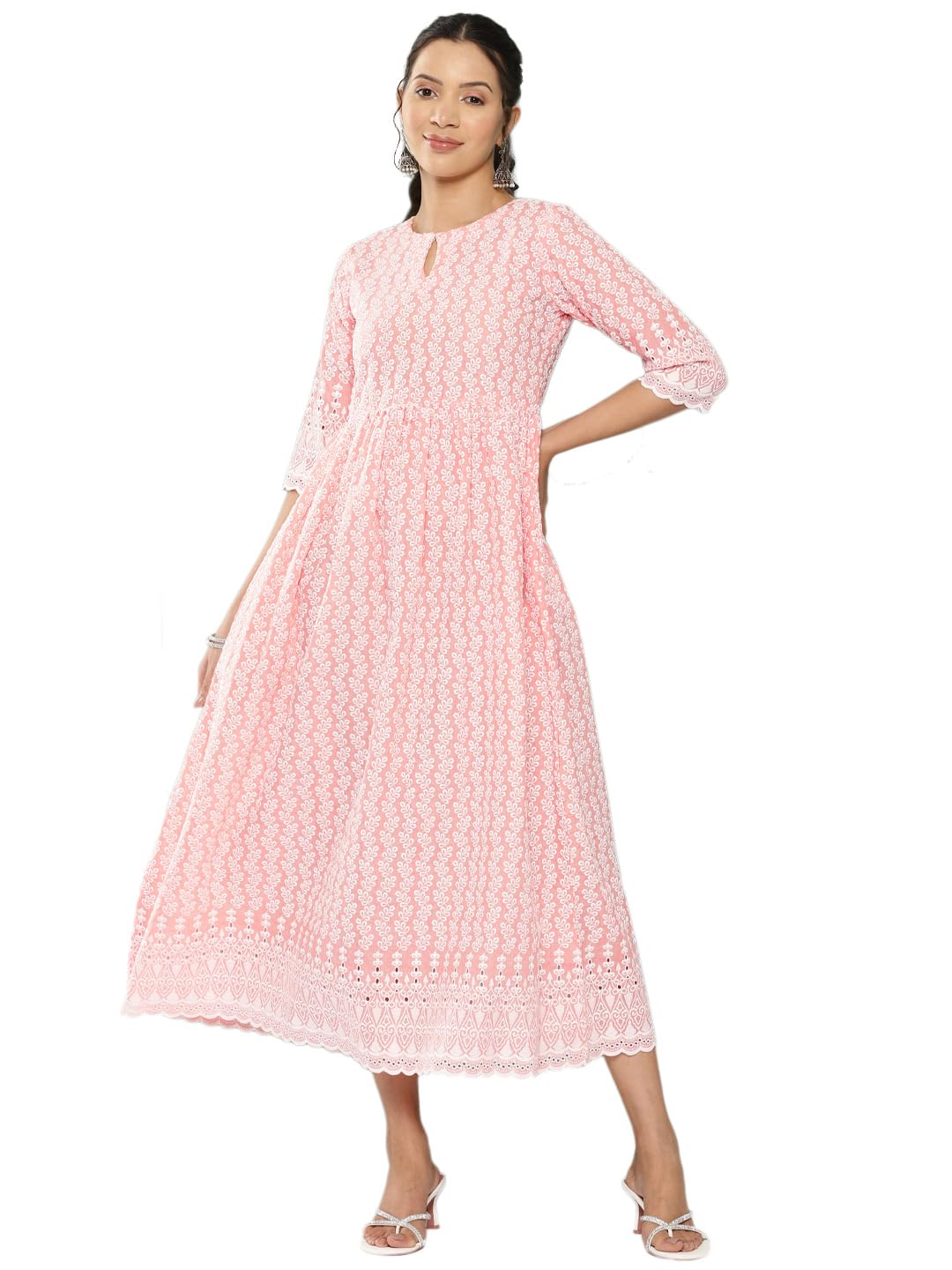 Libas WomenS Cotton Embroidered Regular Fit Dress (26375_Peach