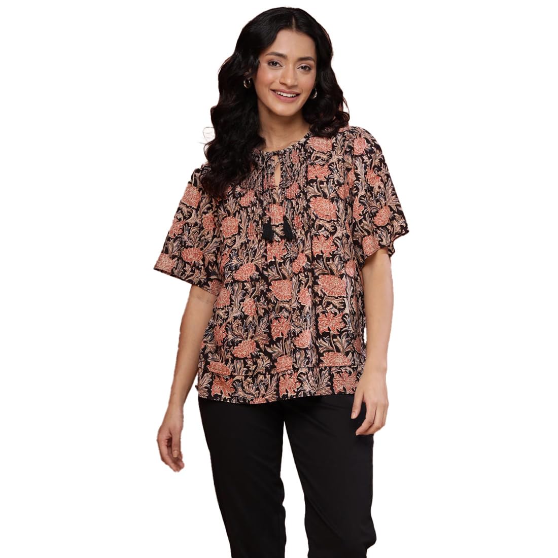 Fabindia Black Cotton Printed Top