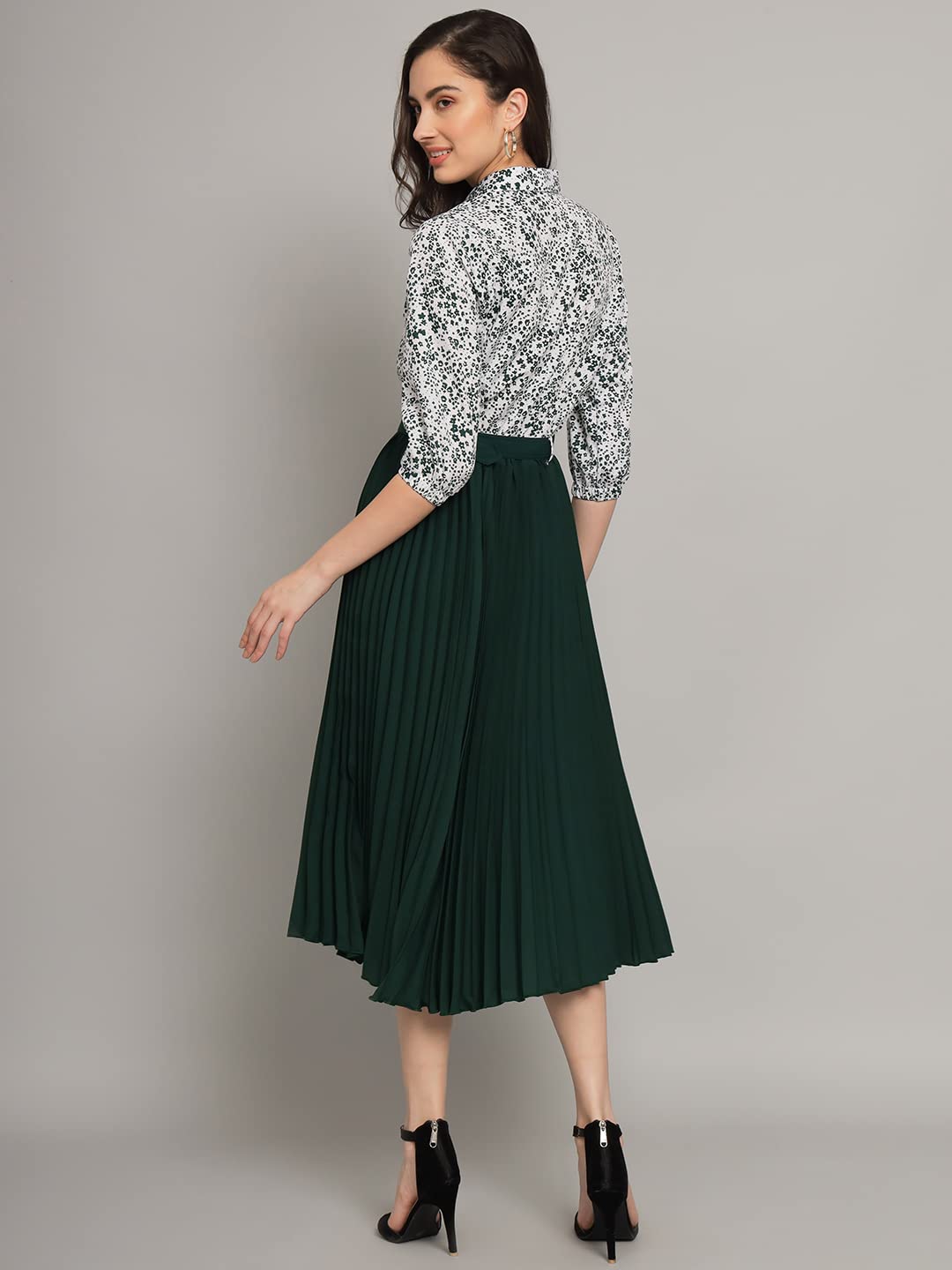 Kzully | Elegant A-Line Dress: Collared V-Neck Top, Pleated Skirt With Elastic Waist, Includes Belt Green