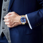 FANMIS Mens Luxury Watches Ceramic Bezel Mineral Glass Luminous Quartz Silver Gold Two Tone Stainless Steel Watch (Gold Blue)