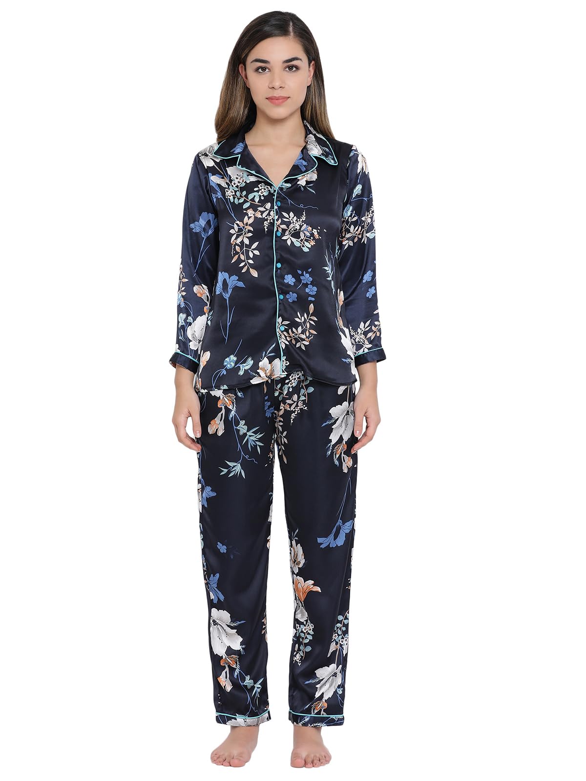 Clovia Womens Floral Print Button Down Shirt & Pyjama Set (NS0597A08_Blue_XXL)