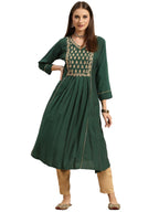 Rangita Green Viscose Blend Calf Length Embroidered Flared Kurti For Women | Kurta For Women_M