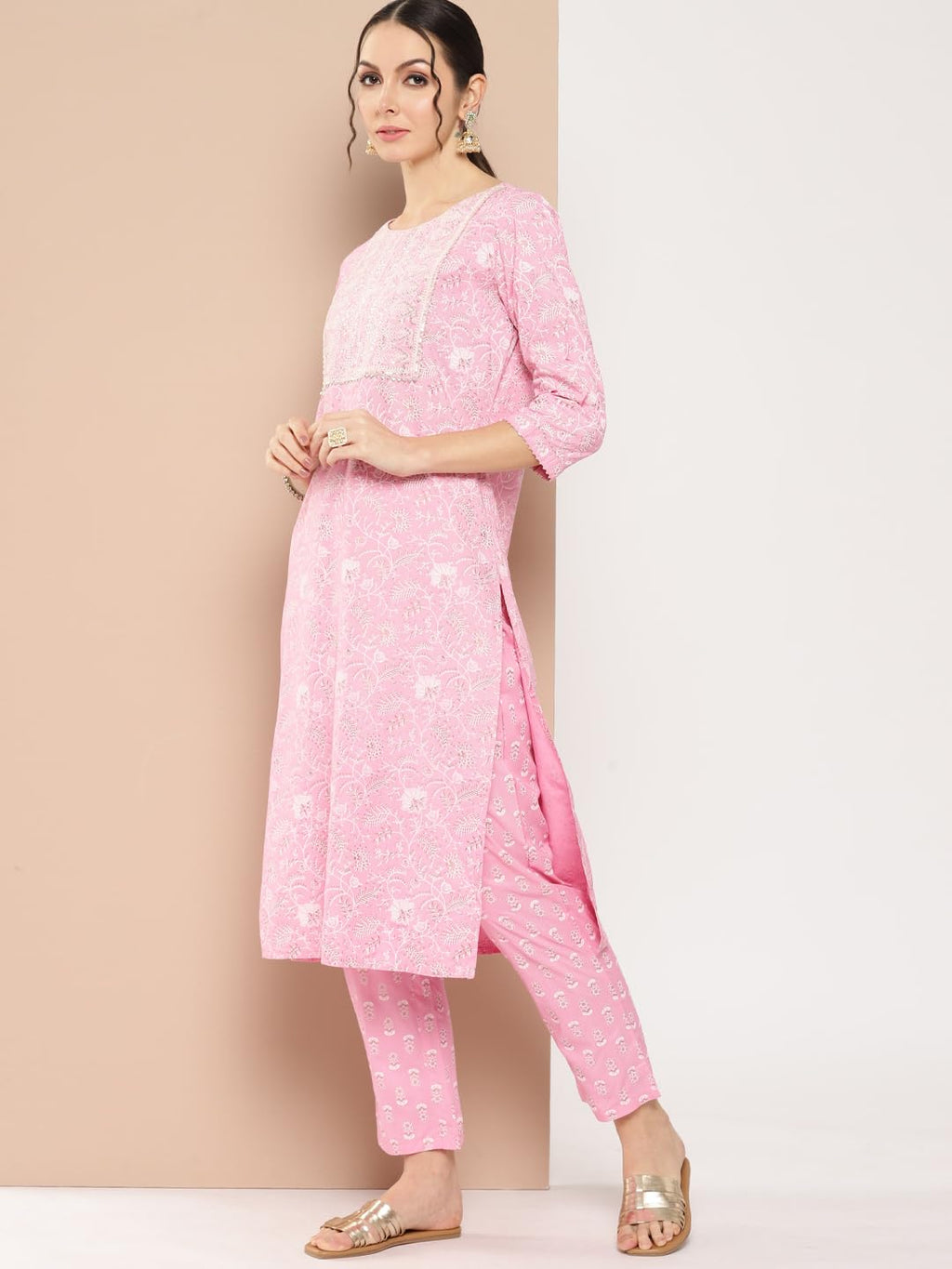 Anubhutee Women'S Viscose Rayon Embroidered Pink Straight Kurta Suit Set With Pants