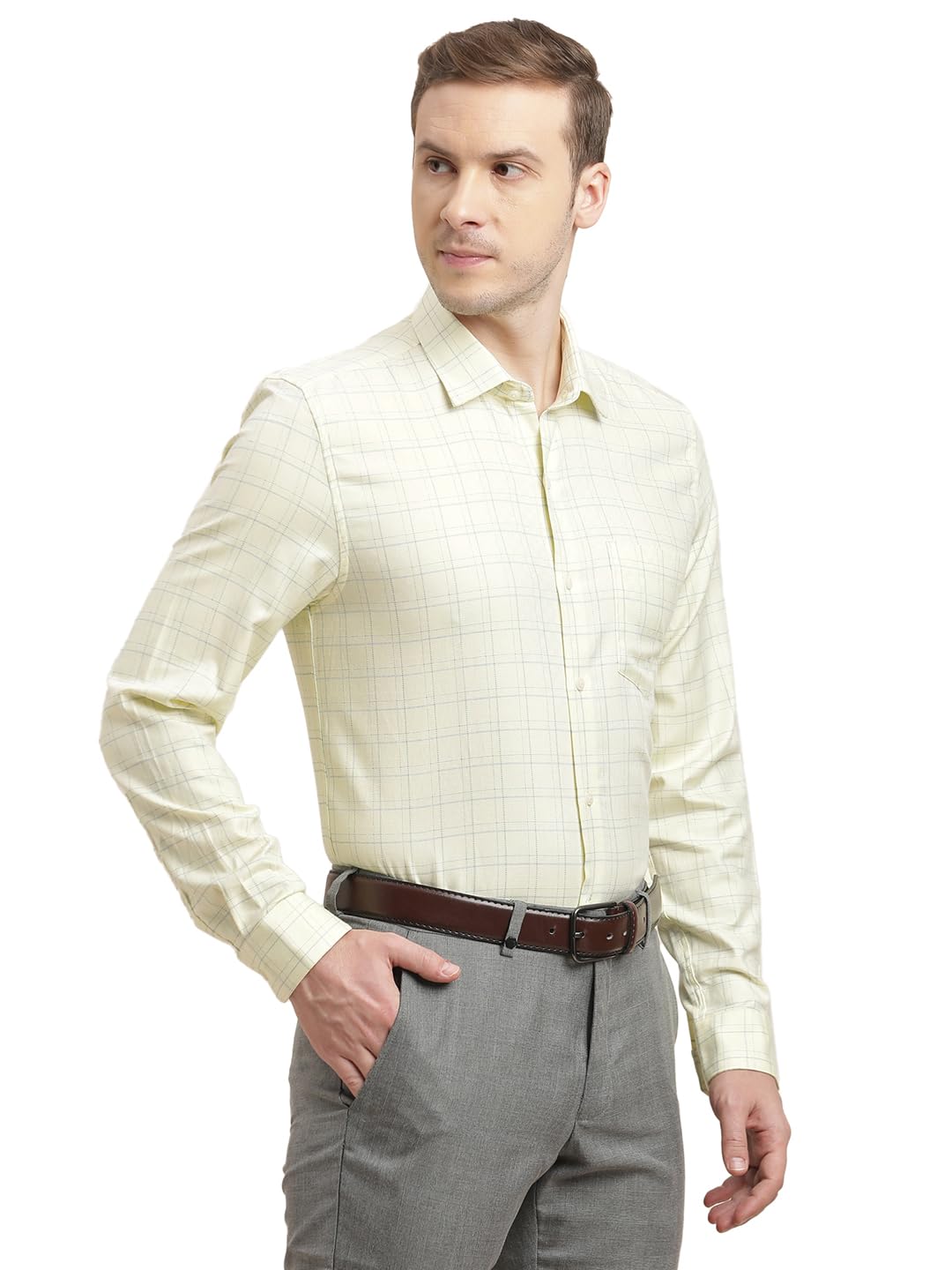 Turtle Men Giza Cotton Slim Fit Yellow Checkered Full Sleeve Formal Shirt