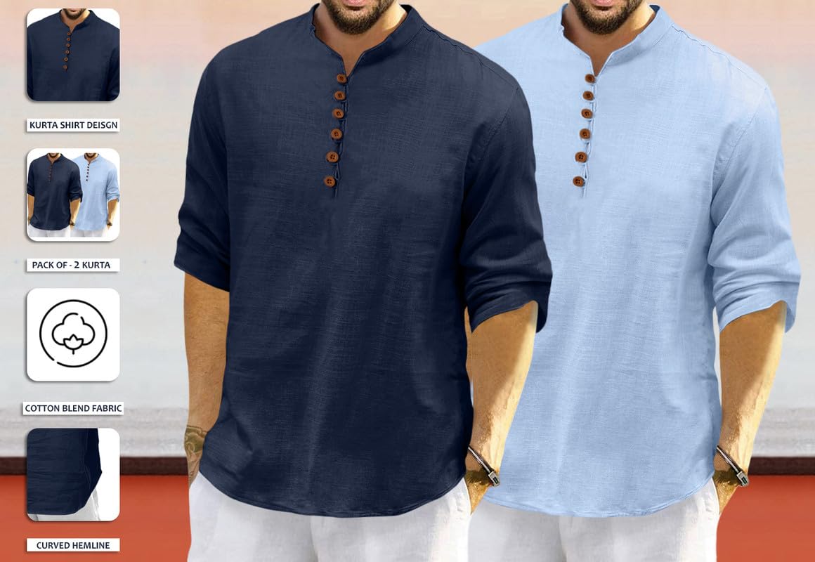 Macsivo MenS Cotton Blend Kurta | Band Collar | Casual | Plain | Formal | Full Sleeve | Summer | Regular Fit - (Combo Pack Of 2