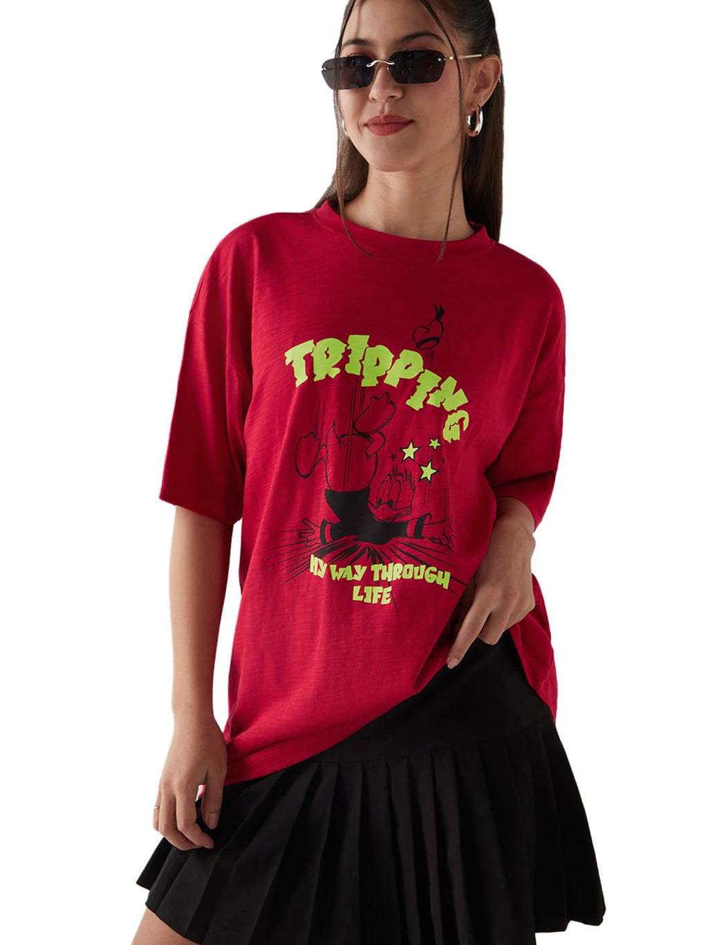 Bewakoof Air 1.0 Official Disney Merchandise Donald Duck Womens Graphic Print Oversized Fit Half Sleeve Round Neck Cotton Slub 
