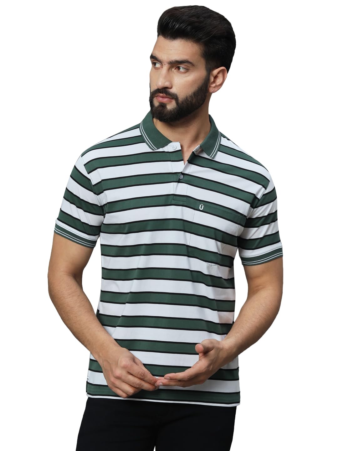 UNIBERRY Mens Cotton Blend Polo Collar Striper T Shirt Has A Short Sleeves & Pocket On ChestMT3GW_5XL Green White 5