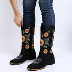 gloryinterest Cowboy Boots for Women Mid Calf Cowgirl Western Boots Sunflower Embroidery Stitched Square Toe Low Heel Black Brow