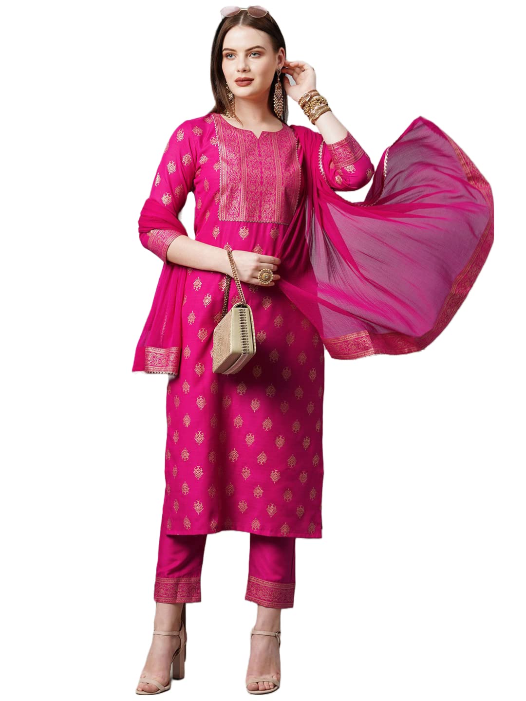 ANNI DESIGNER Womens Cotton Straight Kurta with Pant & Dupatta (KPTD-COT-10132-AN-Pink_3XL_Pink_XXX-Large)