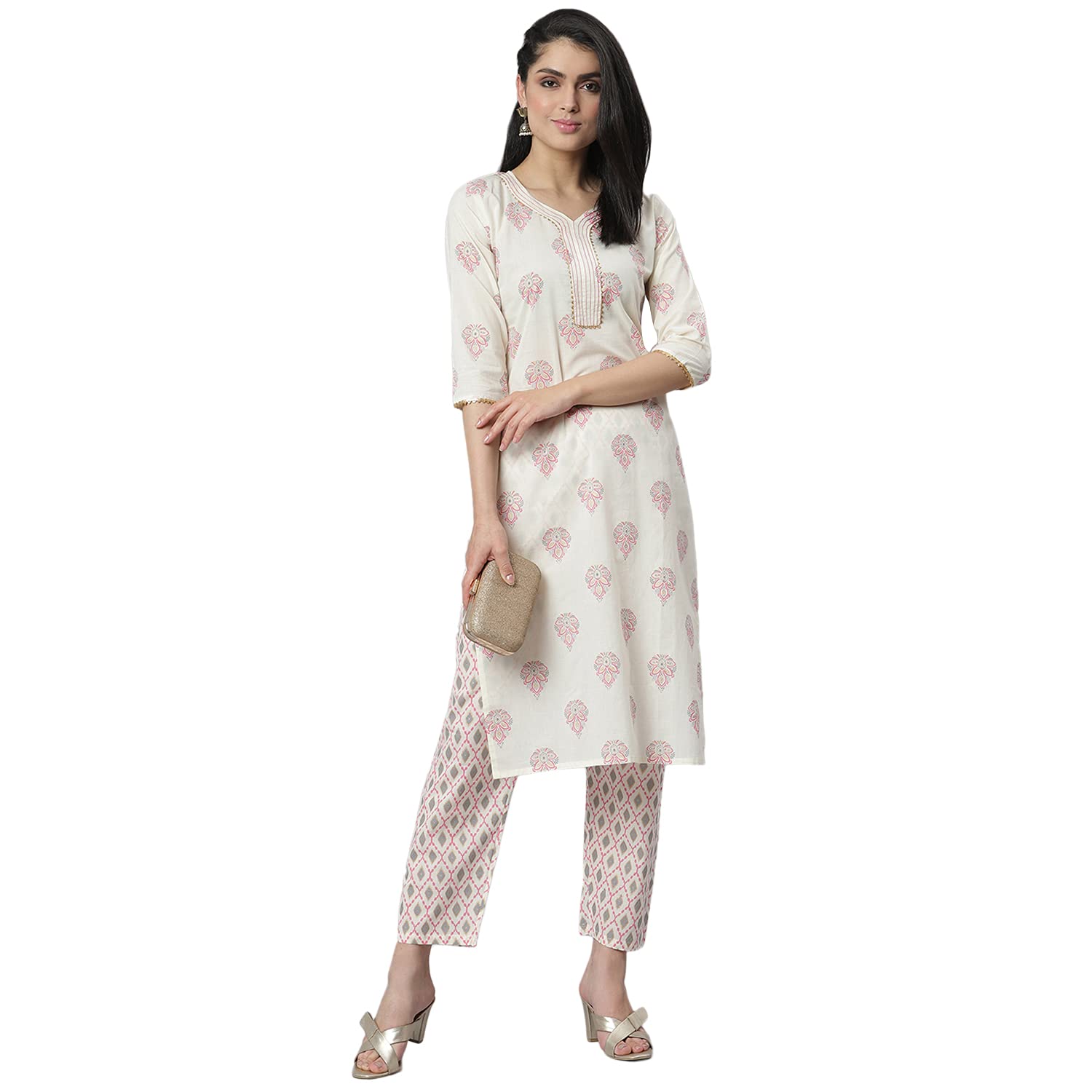 Stylum Women'S Printed Cotton Straight Kurta Pant Set (Kppikoecru36_Off White, S)
