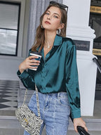 CB-COLEBROOK Womens Blouse Satin Silk Stylish Shirts Button Down Solid Shirts Casual Loose Long Sleeve Office Work Tunic Wester
