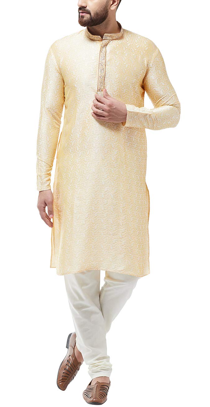 Sojanya (Since 1958, MenS Silk Blend Gold Kurta And Off White Churidar Pyjama Set, Size: 40