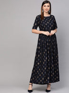 Idalia Navy Blue Gold Pure Cotton 3/4 Sleeve Kurta Set With Dupatta For Women