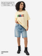 The Souled Store Peace Women and Girls Short Sleeve Round Neck Off White Towel Patch Embellished Cotton Oversized T-Shirts