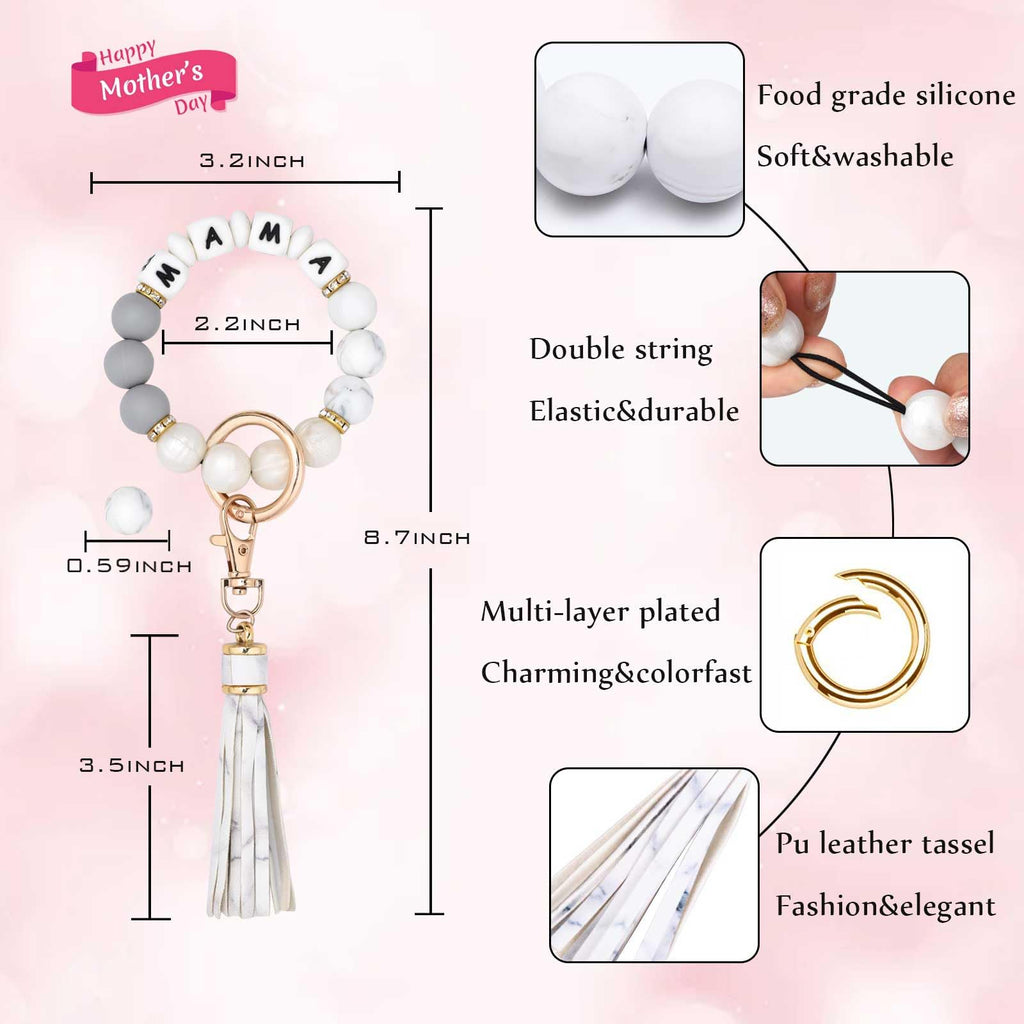 BAOSIWA Women Silicone Keychain Bracelet Beaded Wristlet Key Ring Christmas White Bangle Chains with Leather Tassel