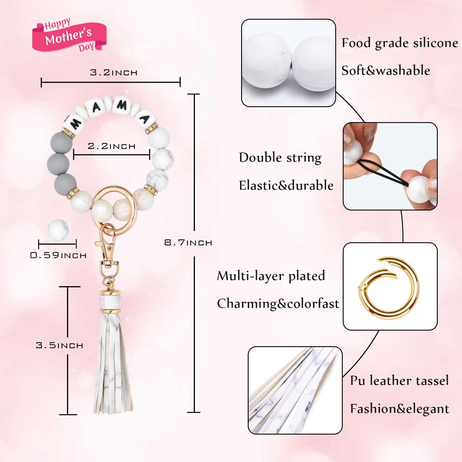 BAOSIWA Women Silicone Keychain Bracelet Beaded Wristlet Key Ring Christmas White Bangle Chains with Leather Tassel