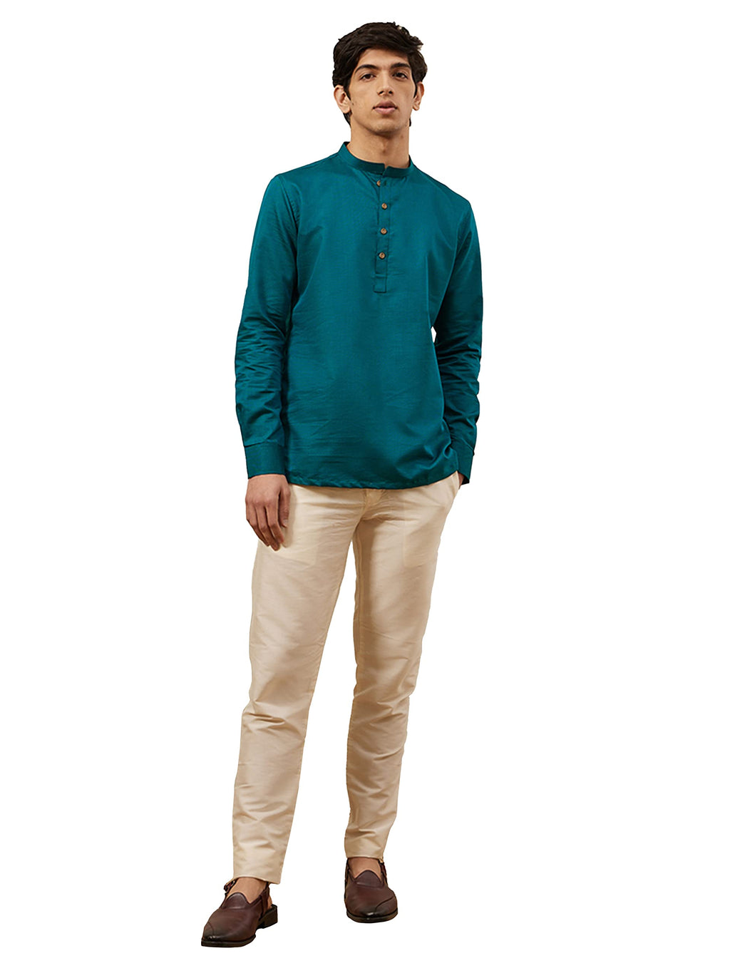Manyavar MenS Short Kurta, Full Sleeves Mandarin Collar Ethnic Waist Length Kurta Only, Kurta For Festival, Wedding, Blended Vi