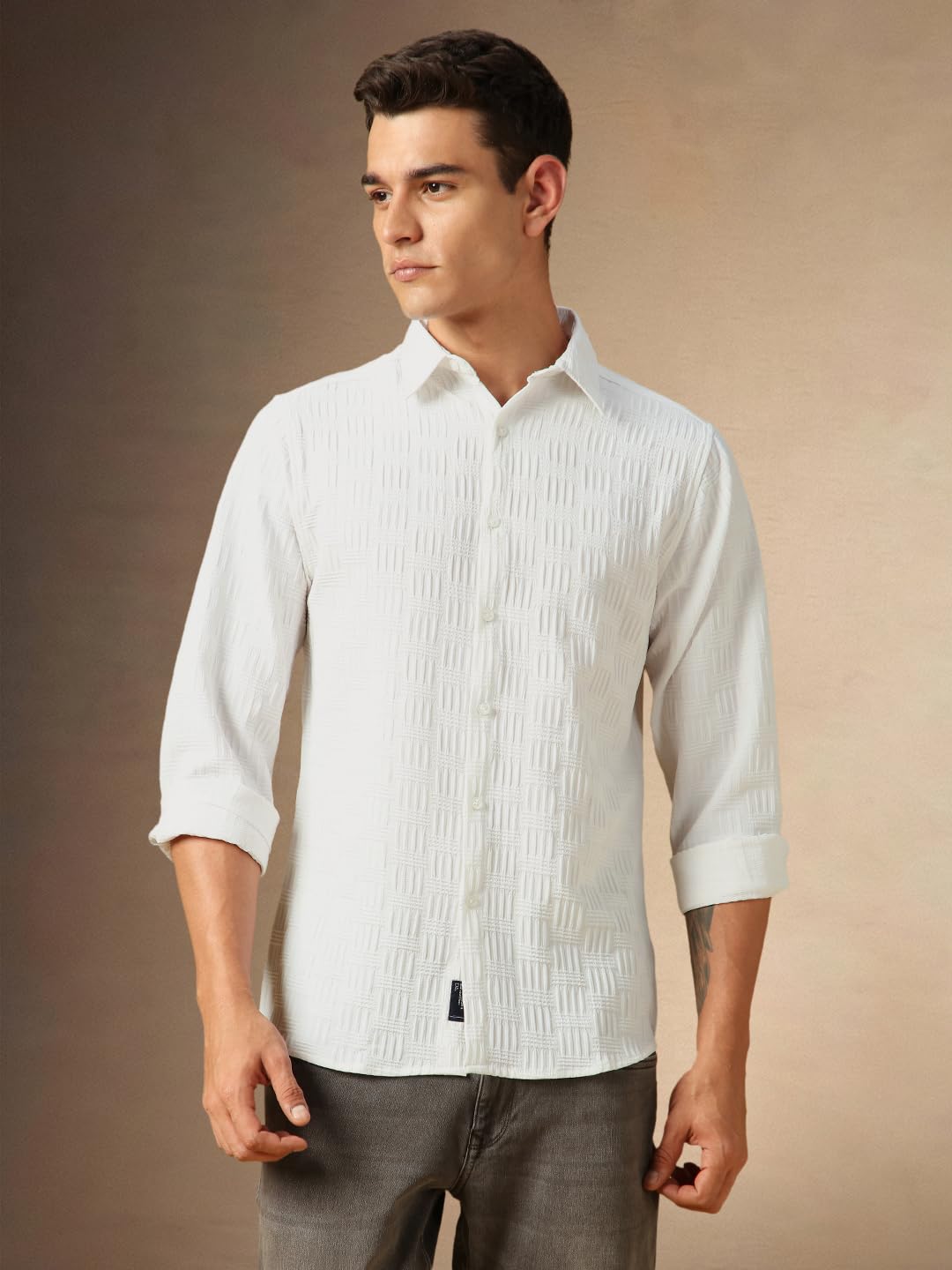 Dennis Lingo Men Textured Cotton Poly Regular Fit Full Sleeves Shirts White