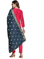 Ishin Women'S Pink Embroidered A-Line Kurta Set With Trouser And Dupatta